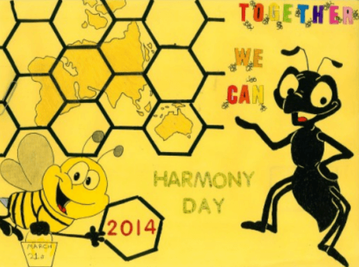 Together we can poster showing happy bees with honeycombe covering a map of the world